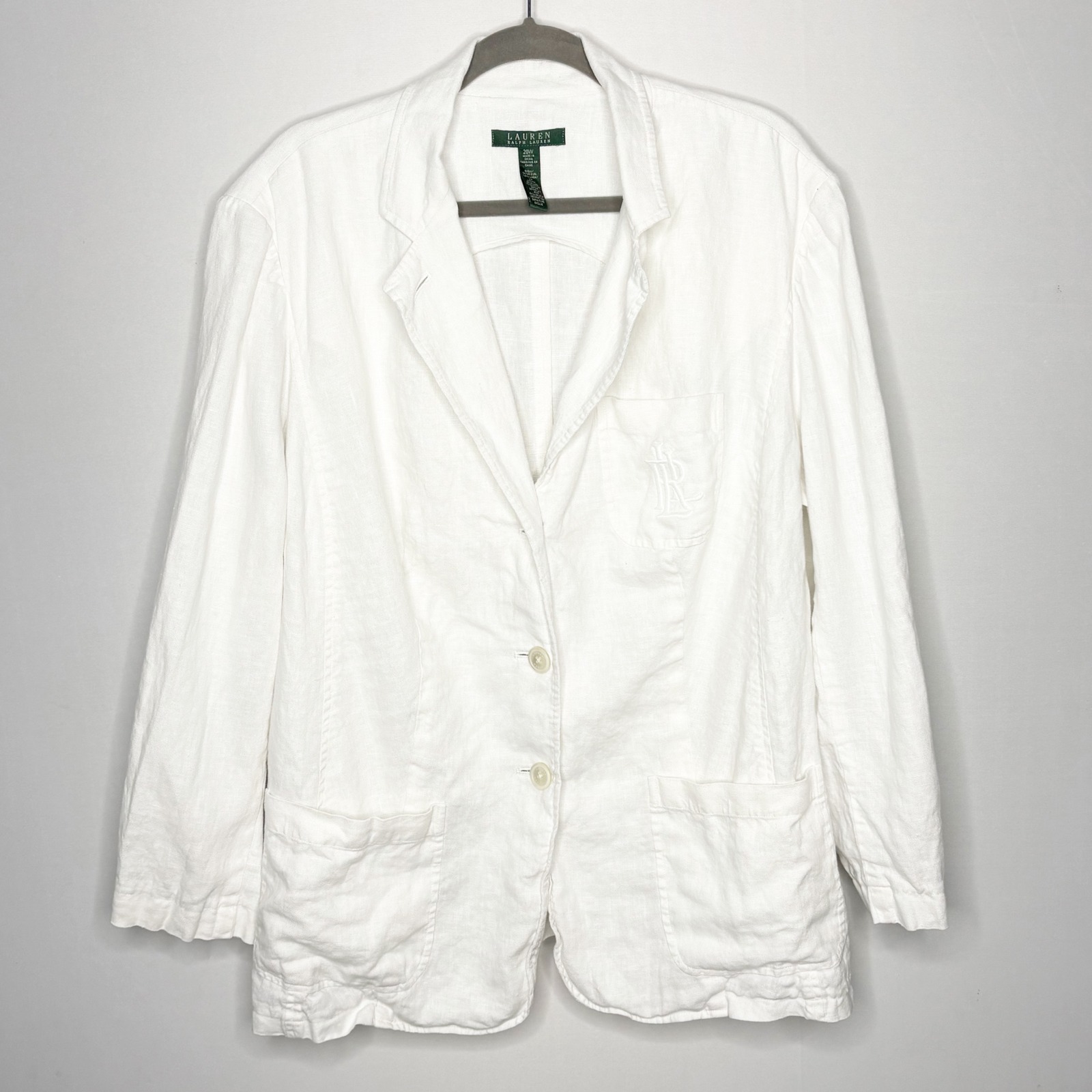 Lauren Ralph Lauren White 100% Linen Blazer Embroidered Crest Plus Size 20w